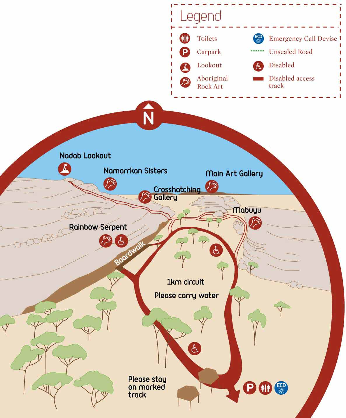 Map of Ubirr walking trail and Ubirr Rock Art in Kakadu
